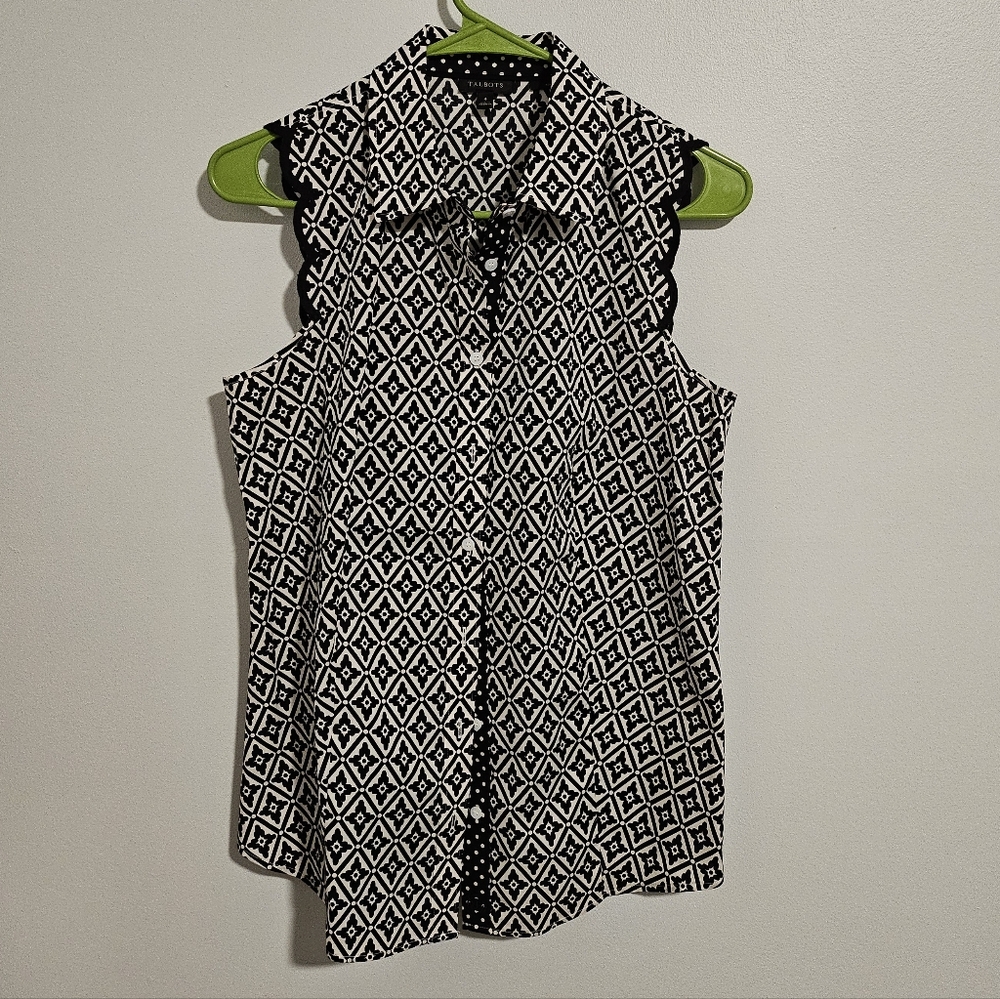 Talbots Black White Geometric Print Top Women’s Classic Stretch Blouse